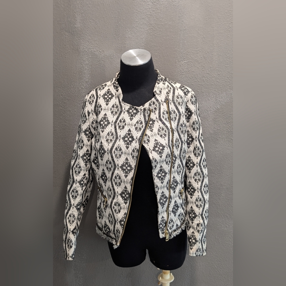 H&M Black & White Diamonds  Zip-Front Short Jacket Size 8